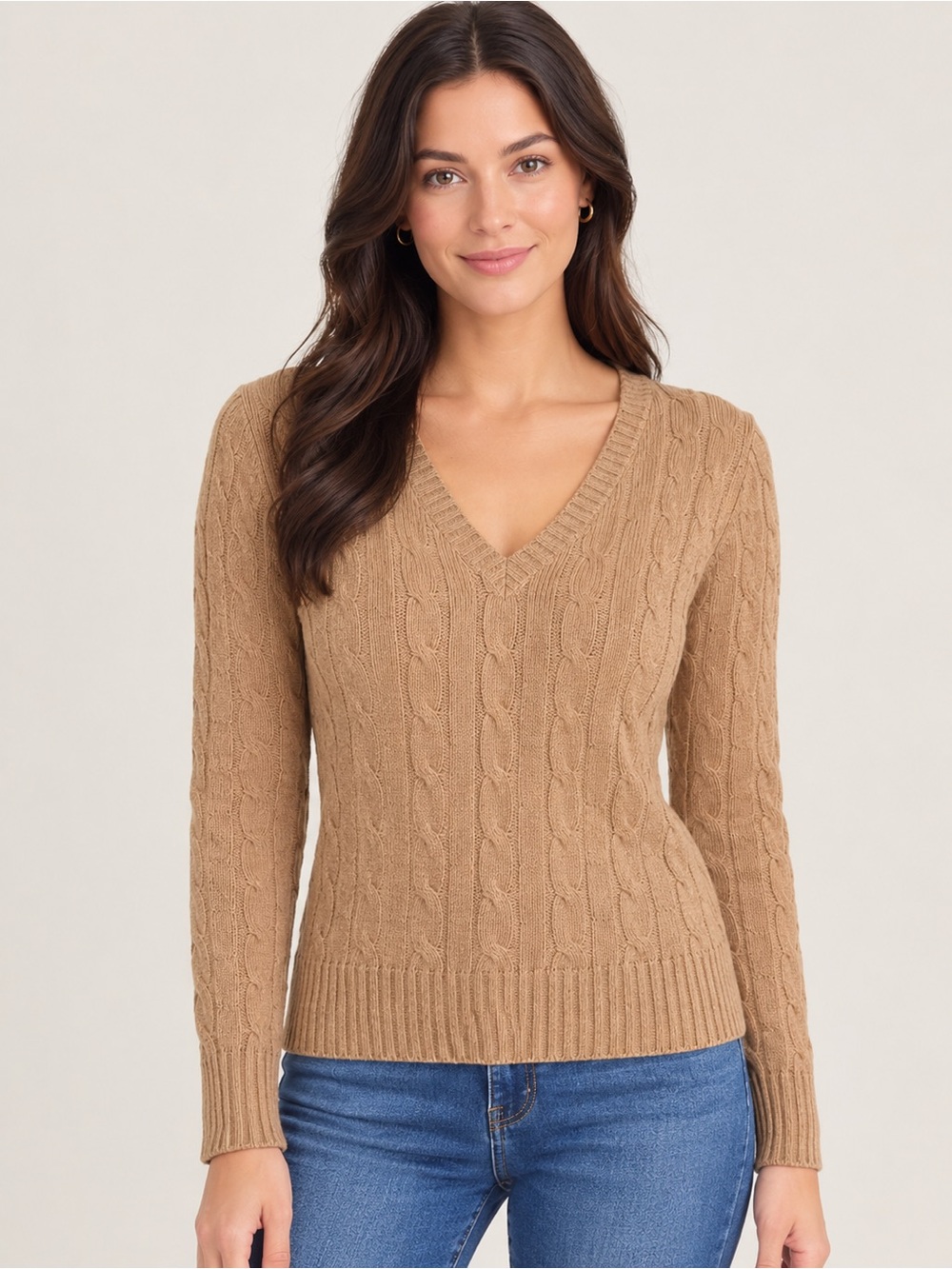 Polo Ralph Lauren Women’s Cable Knit V-Neck Sweater Tan Camel L/G Large